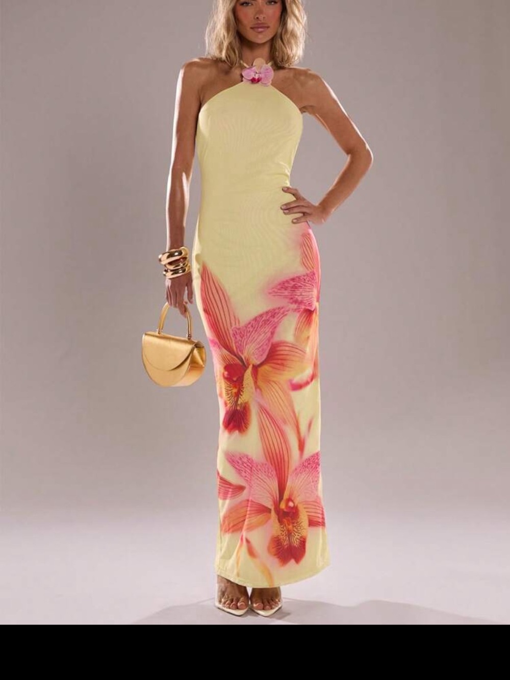 Women's Yellow Floral Halter Maxi Dress - Picture 2 of 2